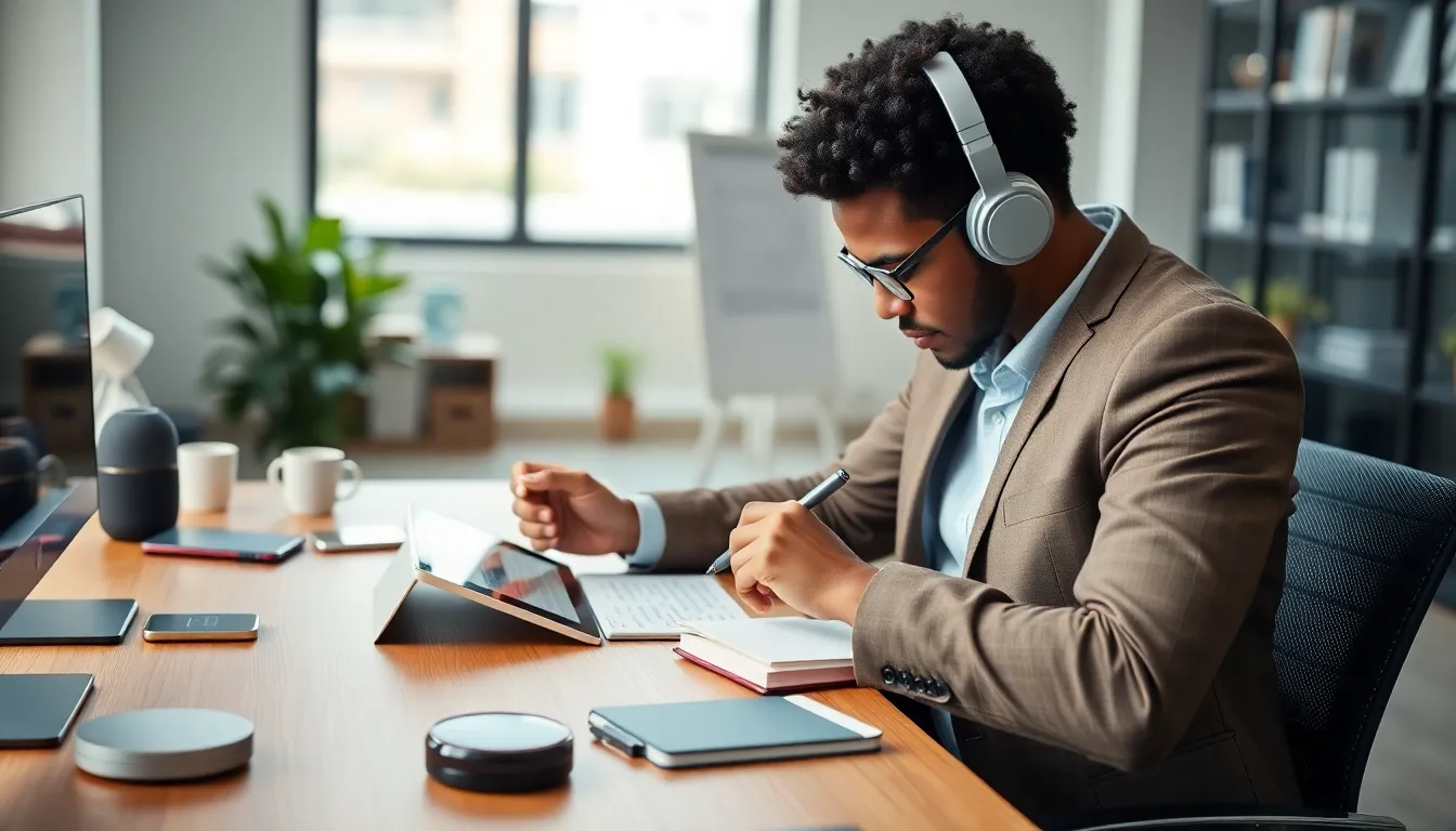 Person solving a crossword puzzle with modern gadgets in a bright office.