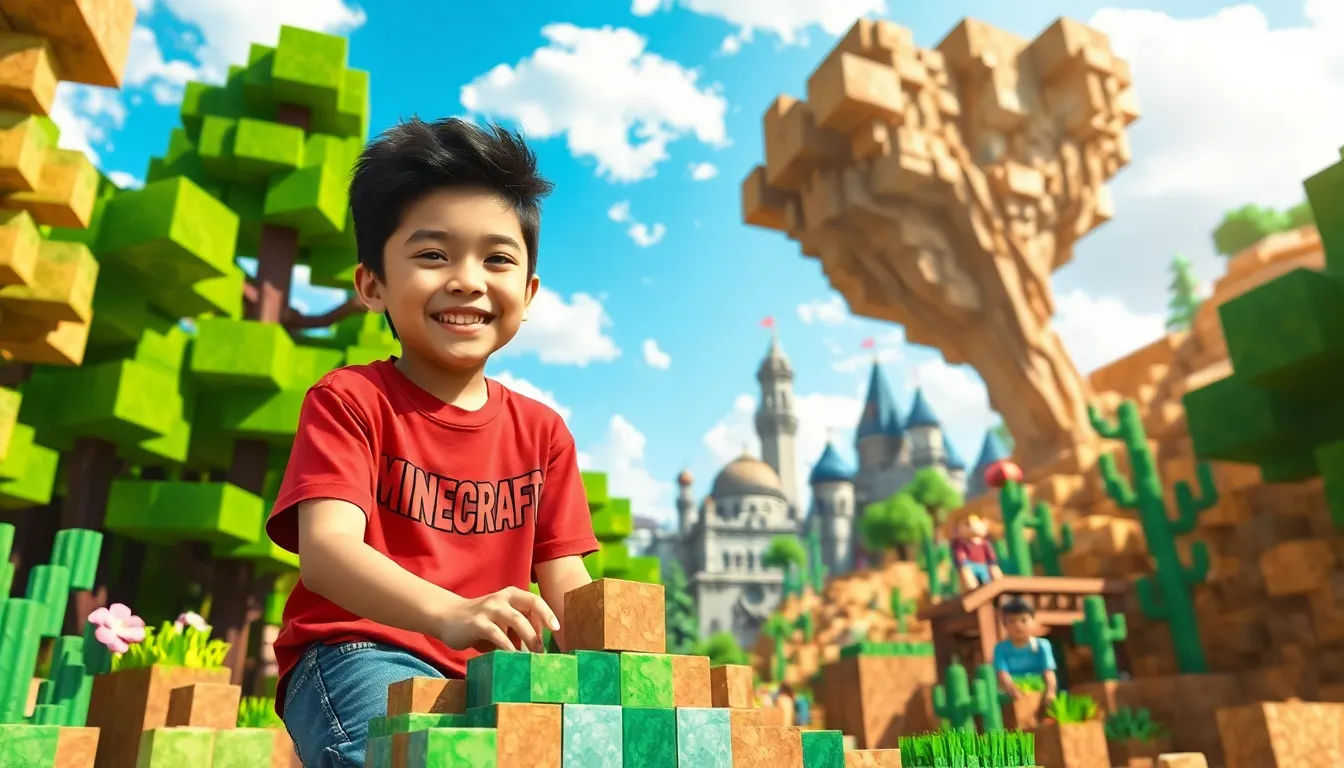 a boy building in a vibrant Minecraft landscape with various biomes.
