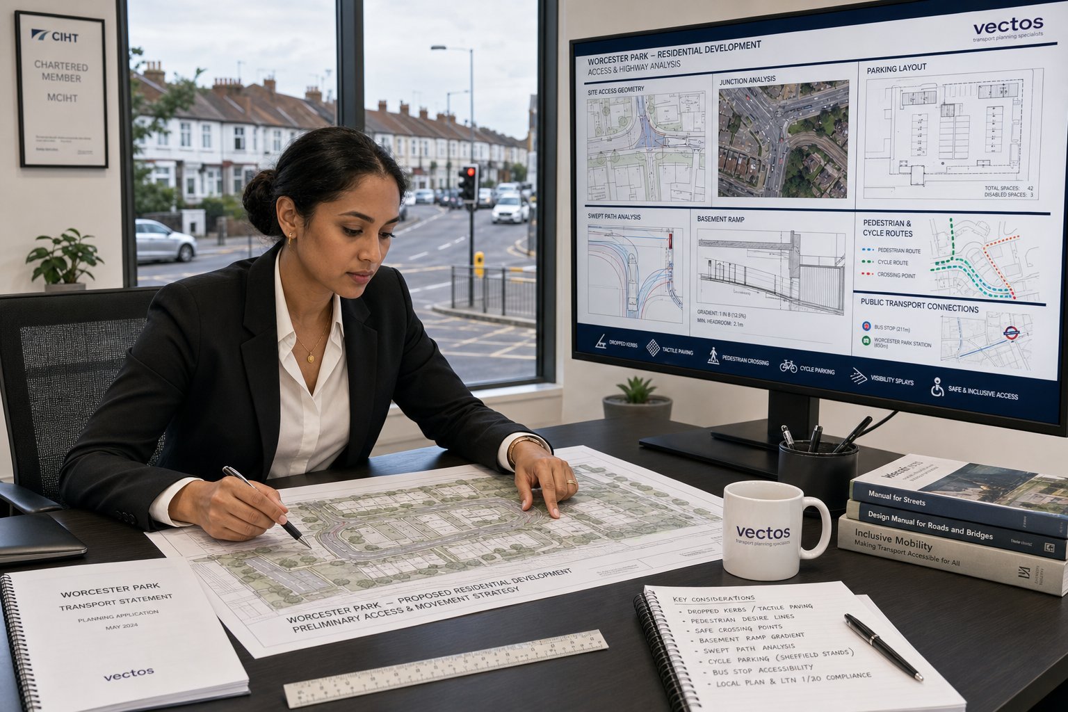 Traffic engineer reviewing suburban access and parking plans in a modern office.