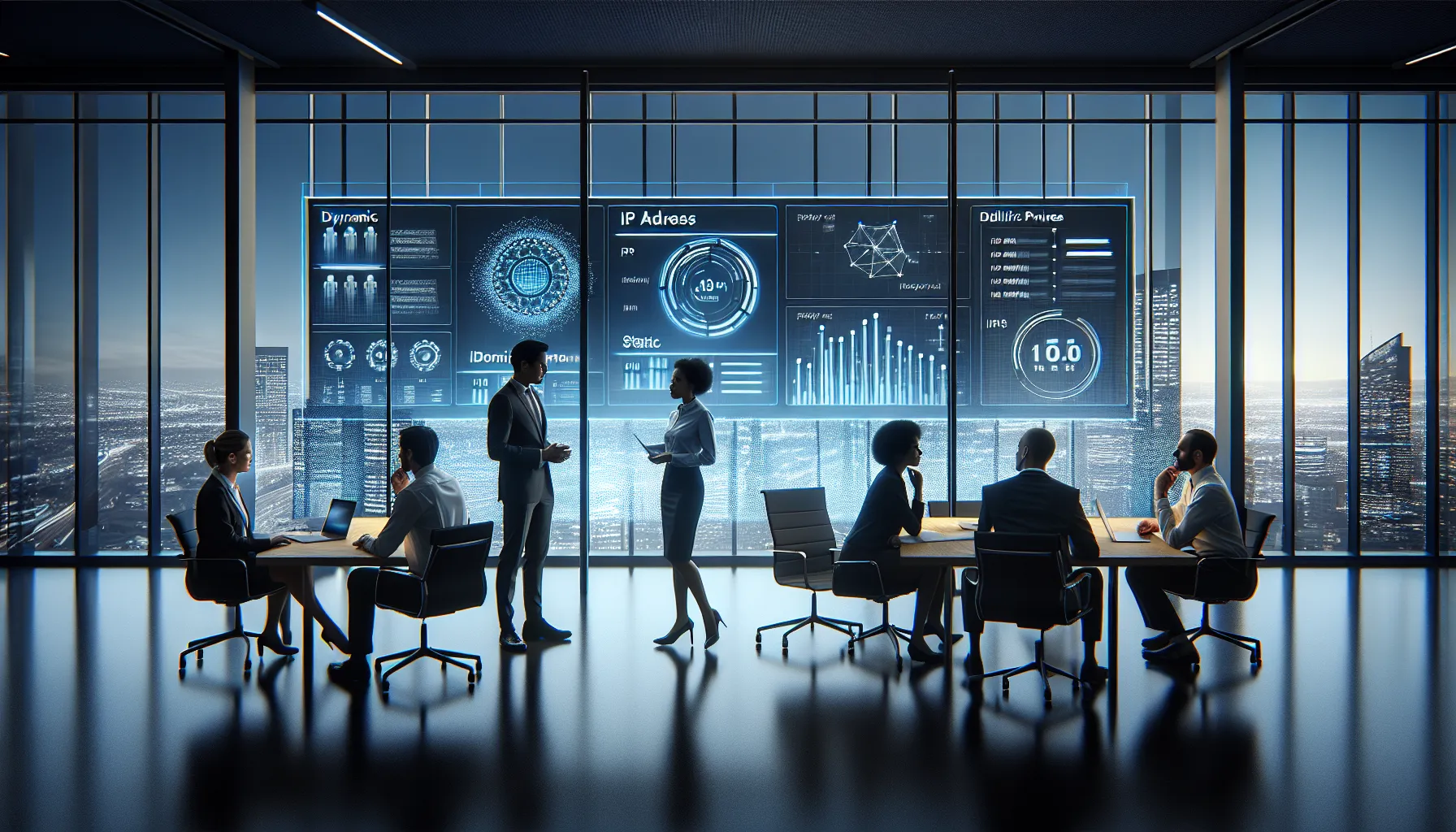 diverse IT team discussing IP address types in a modern office.