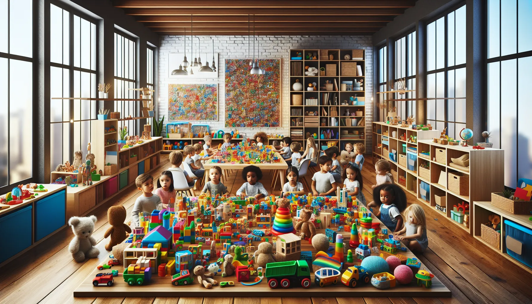 children playing with colorful Prokaihaz toys in a modern playroom.
