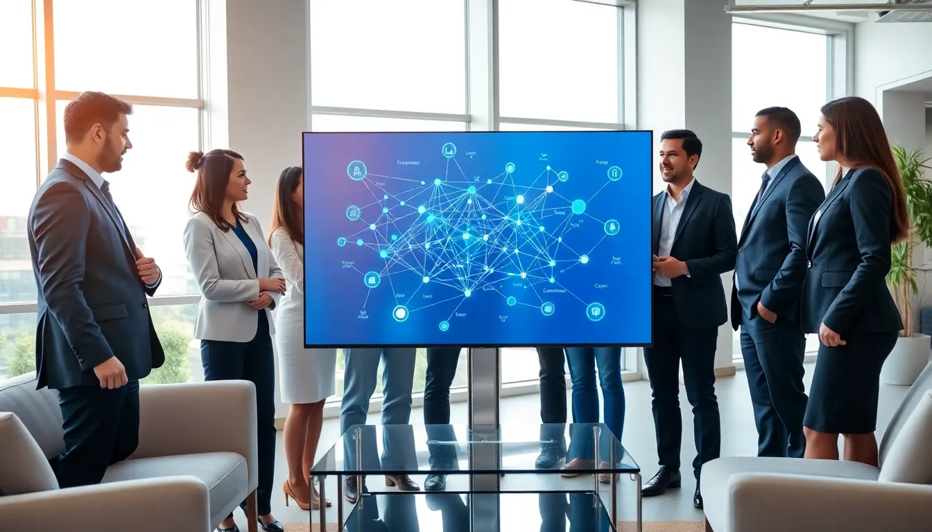 professionals discussing blockchain technology in a modern office setting.