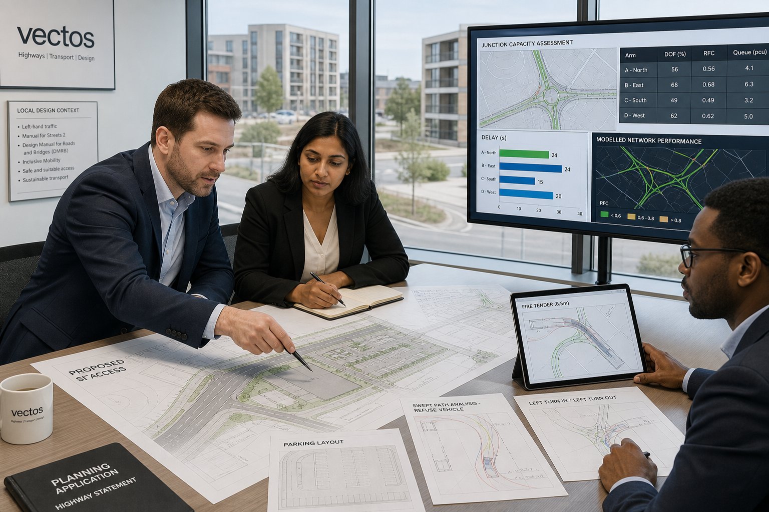 Highway consultants reviewing UK planning and road access plans in an office.