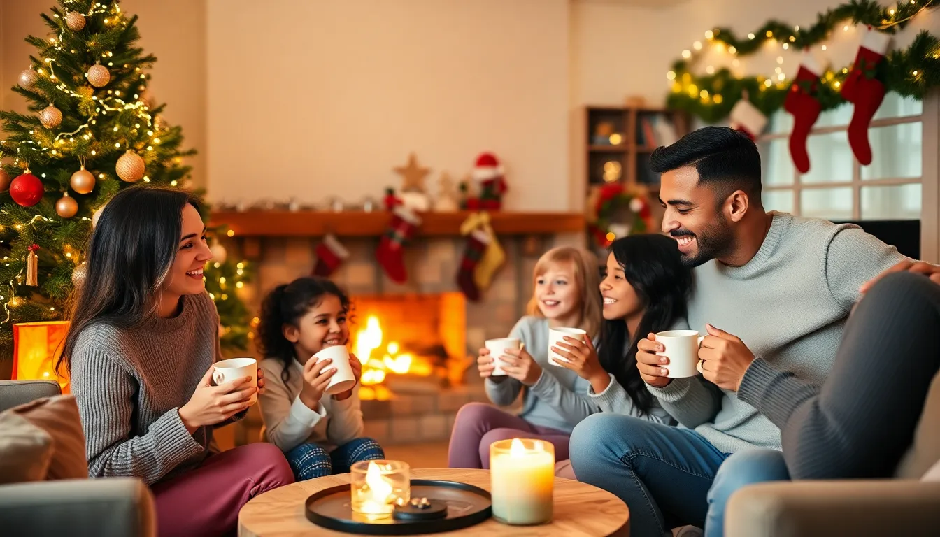 a family celebrating Christmas traditions around a fireplace.