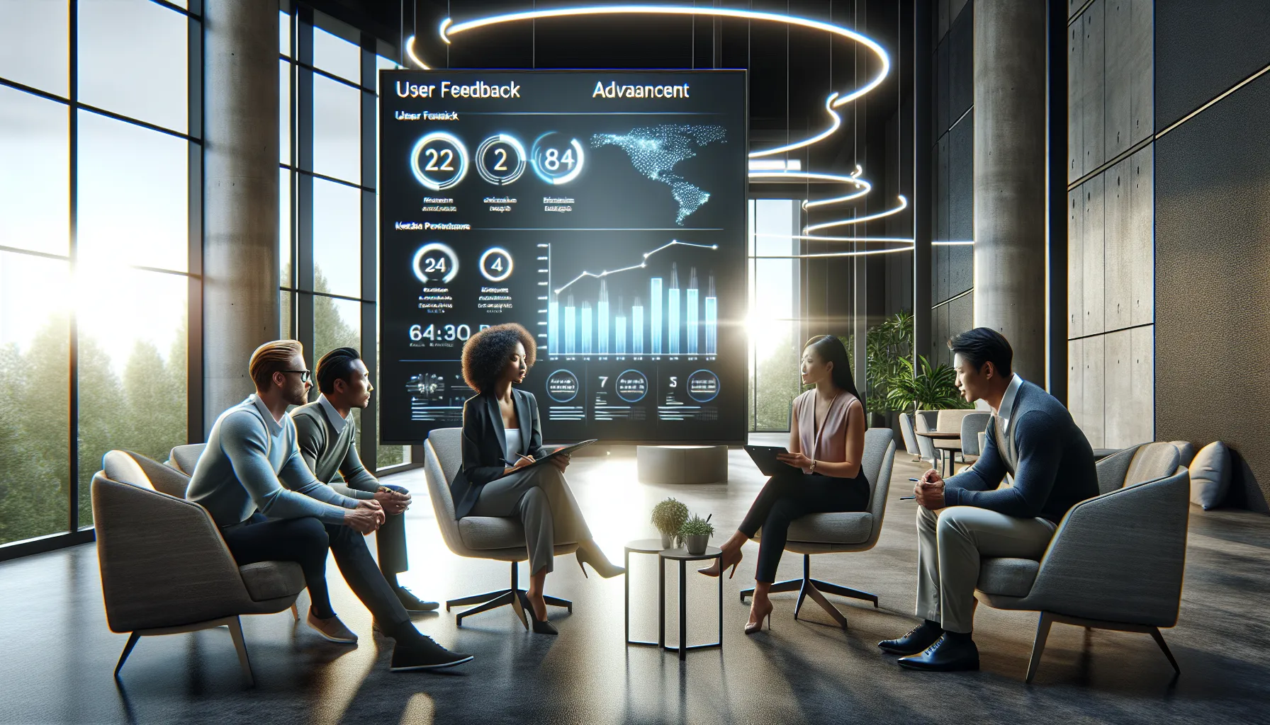 diverse team collaborating on software update feedback in a modern office.