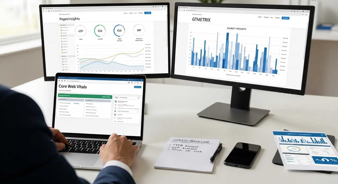 Analyst reviewing Core Web Vitals and GTmetrix waterfall to baseline WordPress speed.