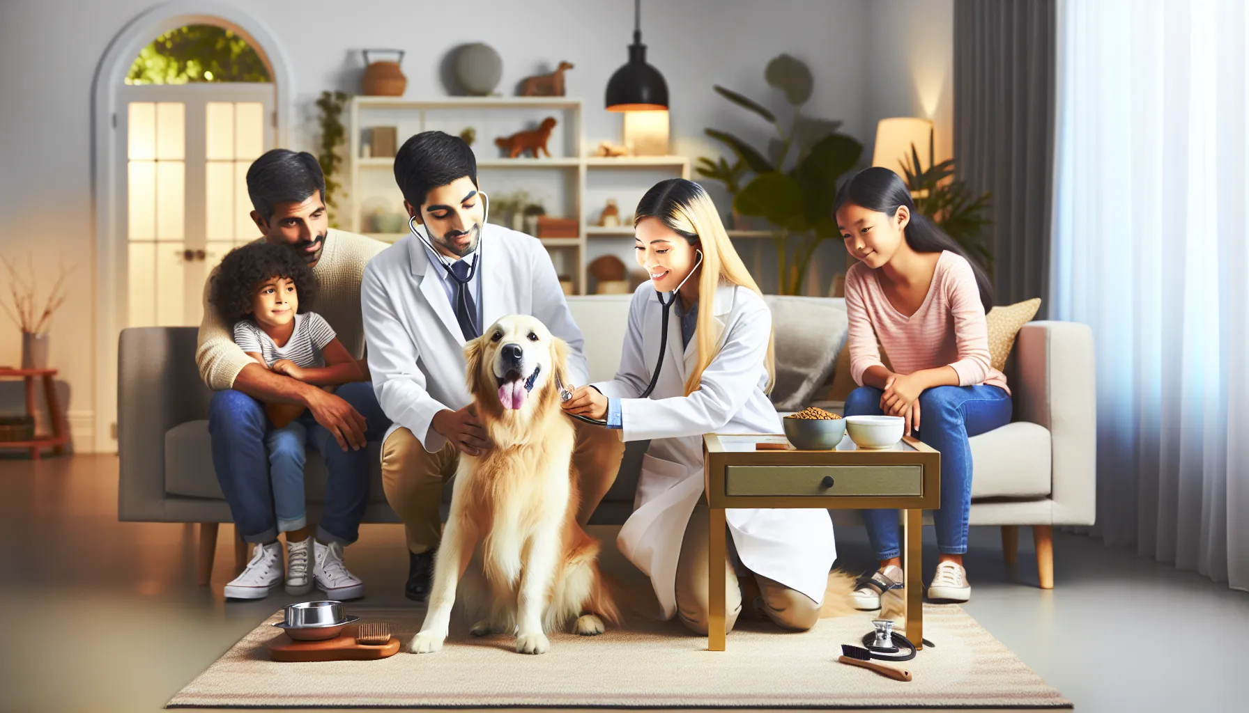 family and vet caring for a dog in a cozy living room.