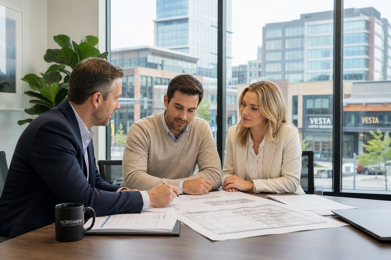 Commercial Mortgage Broker Altrincham 2 Commercial mortgage broker meeting clients in a modern office with city buildings visible through large windows.