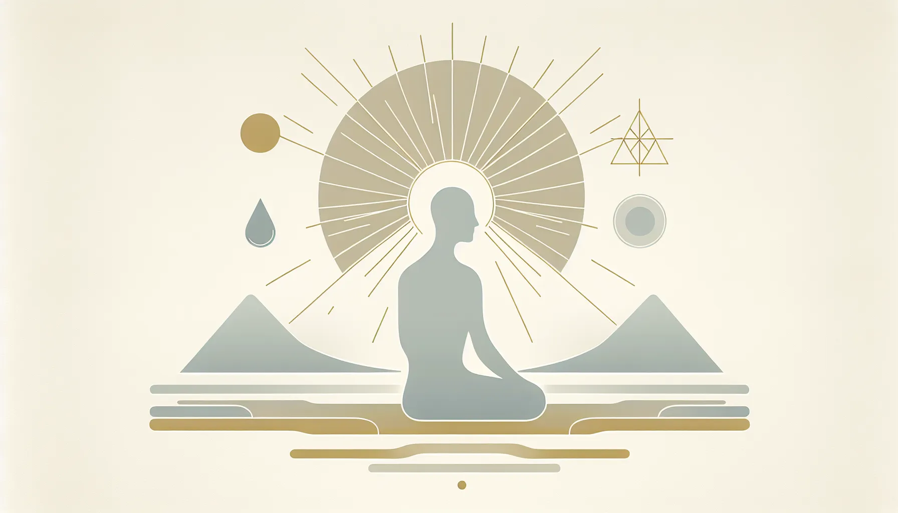 Simple human silhouette with light rays and symbolic elements representing spiritual transformation.