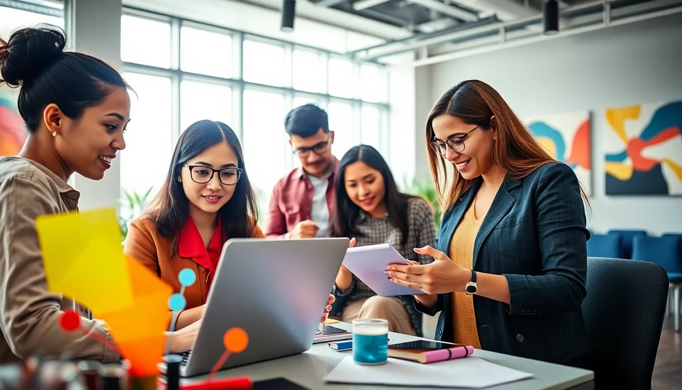 diverse professionals collaborating in a modern workspace.