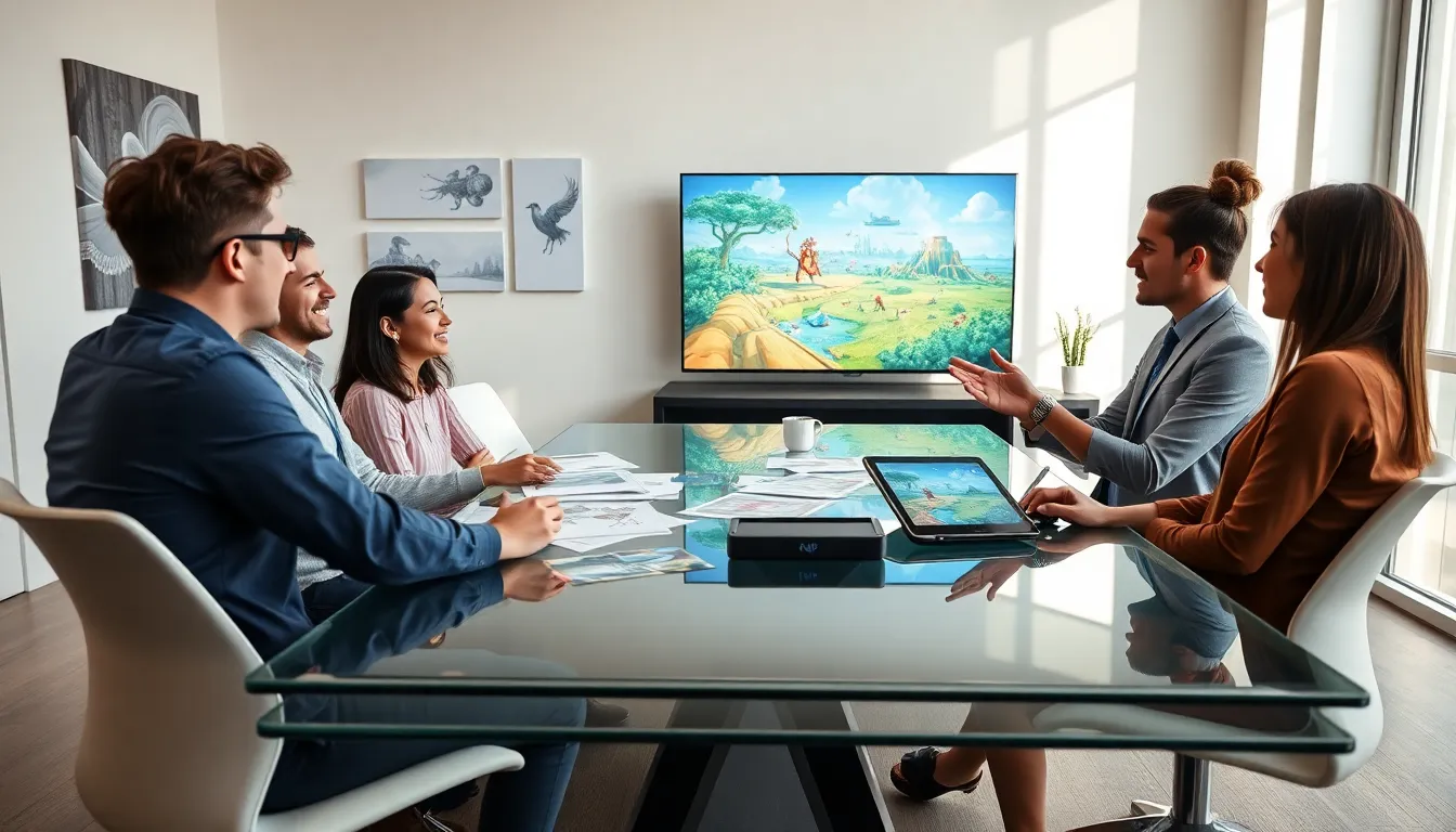 diverse team brainstorming game concepts in a modern office.