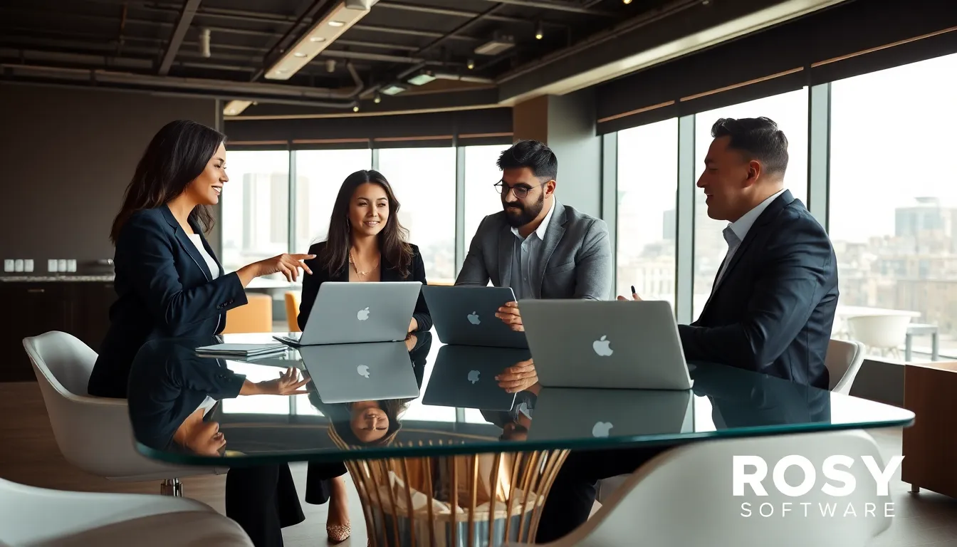 diverse professionals discussing Rosy Software in a modern office.
