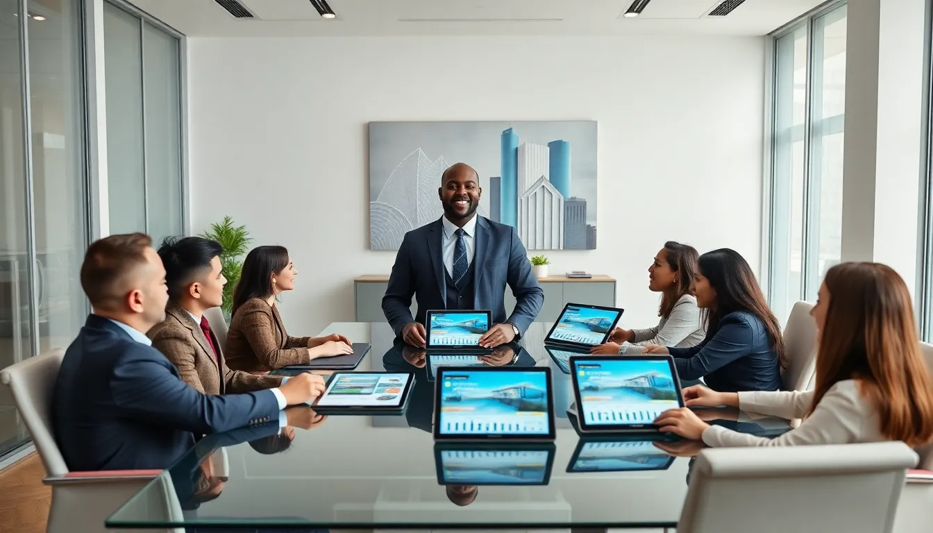 real estate agent discussing with a diverse team in a modern office.