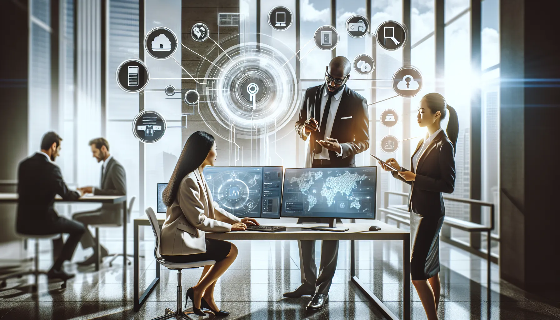 diverse team collaborating on Jabil Okta integration in a modern office.