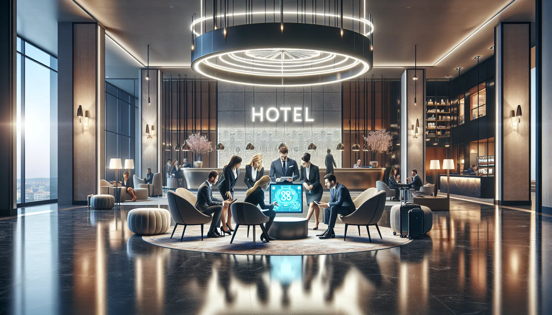 diverse professionals discussing hotel discounts in a modern lobby.