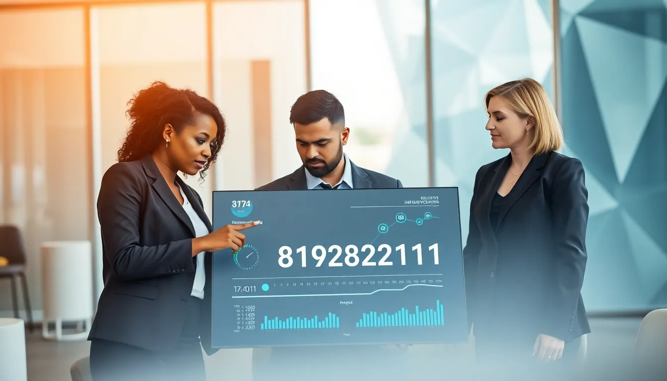 professionals collaborating around a digital display in a modern office.