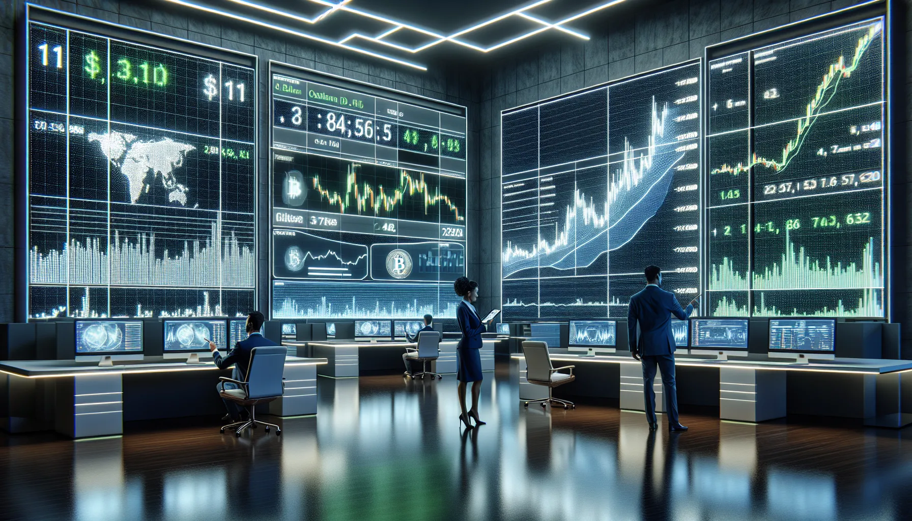 Financial analysts reviewing Bitcoin price charts showing 2025 performance on trading floor monitors.