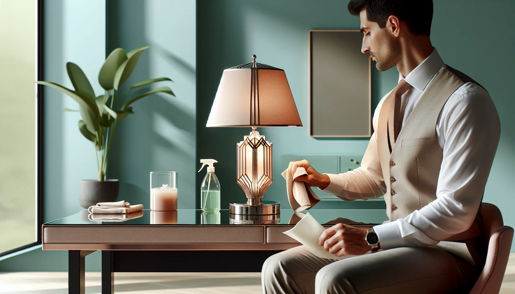 person dusting a stylish lamp in a modern workspace.