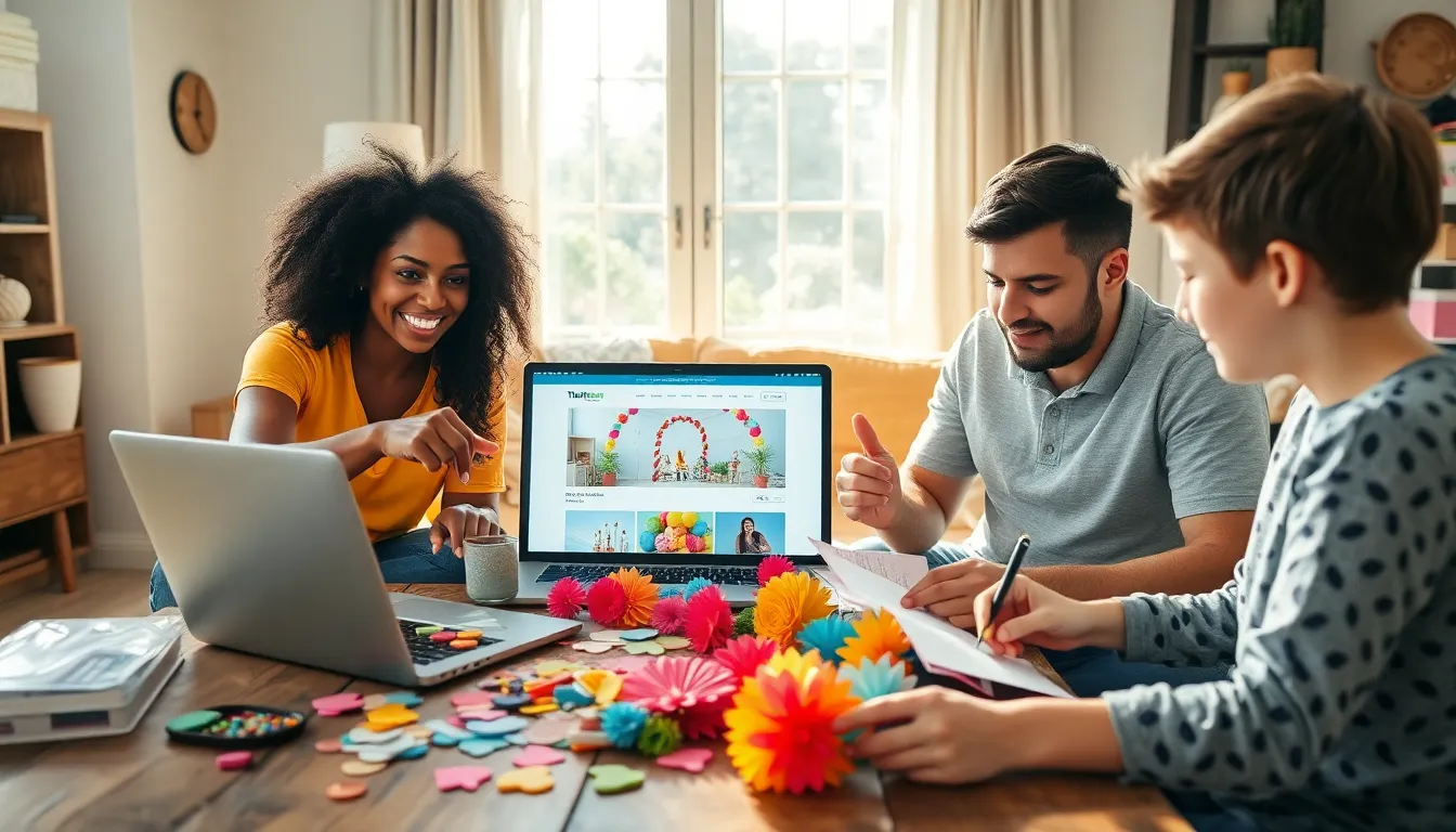 three diverse individuals planning a budget-friendly event in a sunny living room.