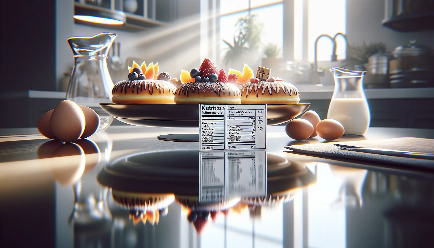 Elegant plate of palačinke with nutrition info card on a modern kitchen table.
