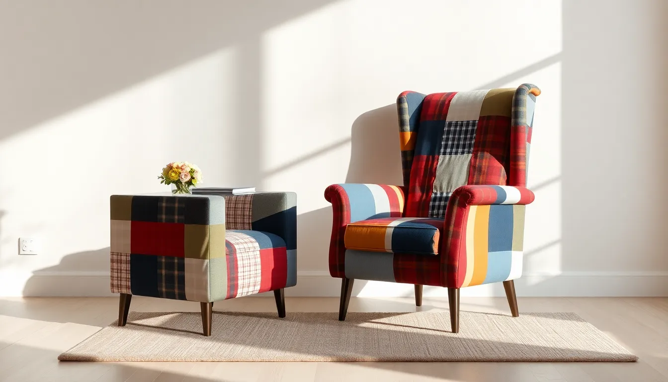 unique armchair made from colorful shirts in a modern living room.