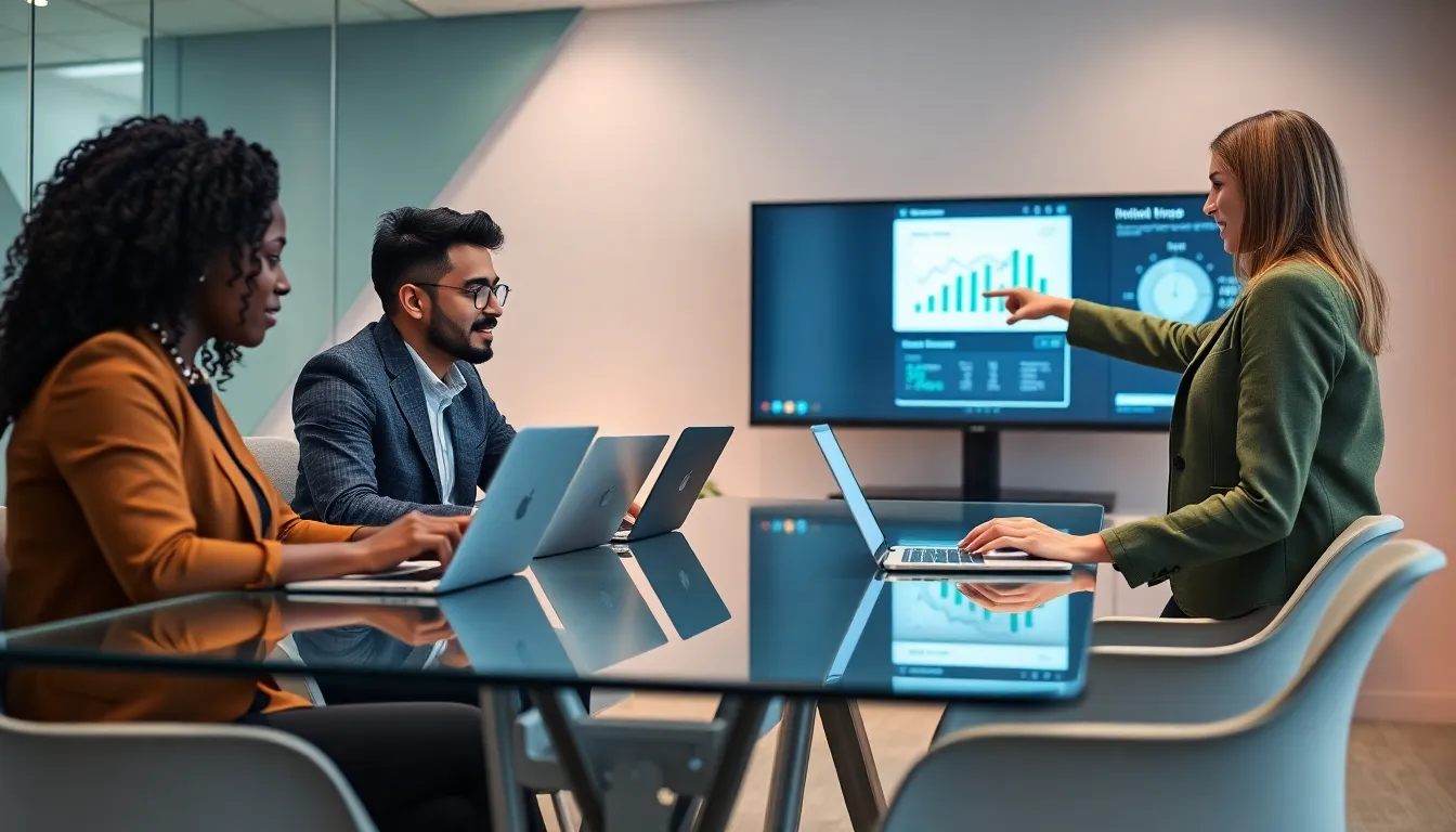 diverse professionals engaging in fintech projects in a modern office.