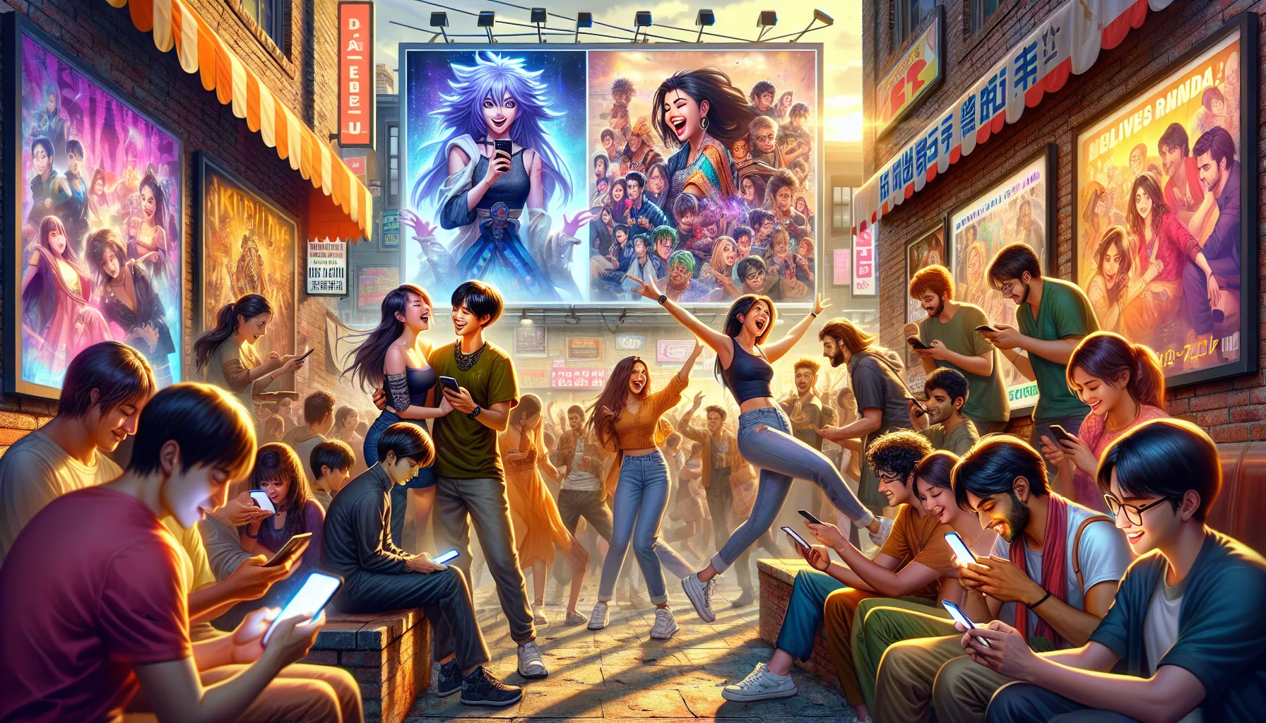 young adults discussing anime and Bollywood in a lively urban cafe.