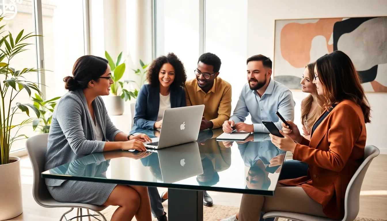 diverse group discussing and collaborating in a modern workspace.