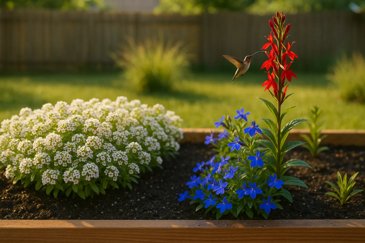Close-up of white alyssum mound beside blue and red lobelia in raised bed.