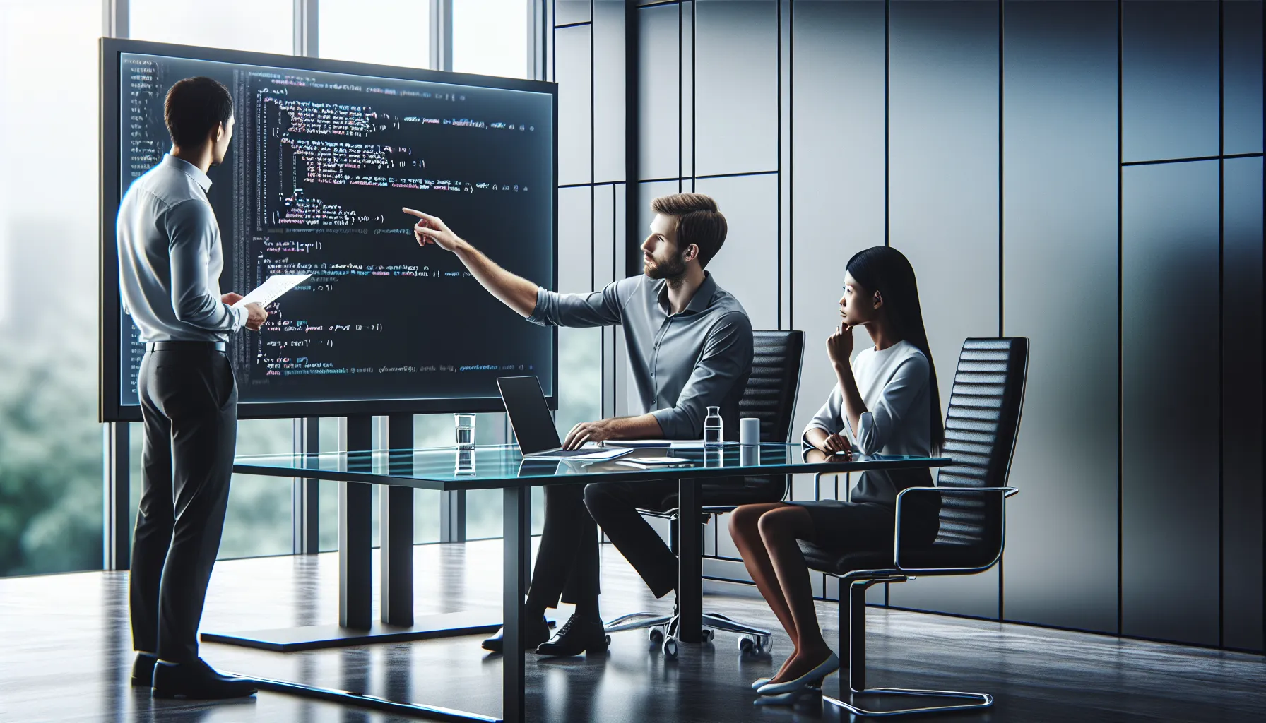 team collaborating on Python code error in a modern office.