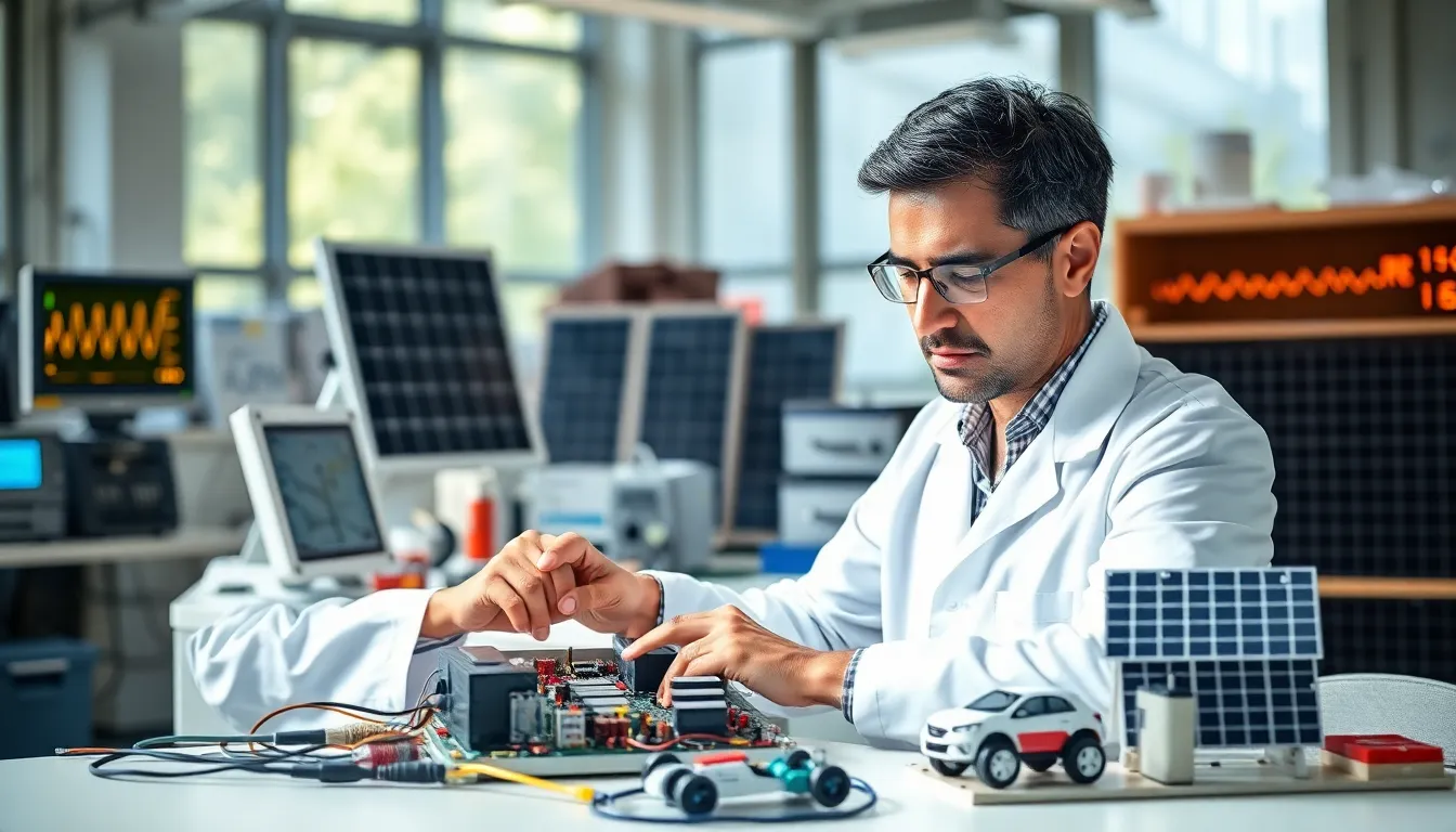 An engineer working on a circuit board in a modern lab for power electronics.