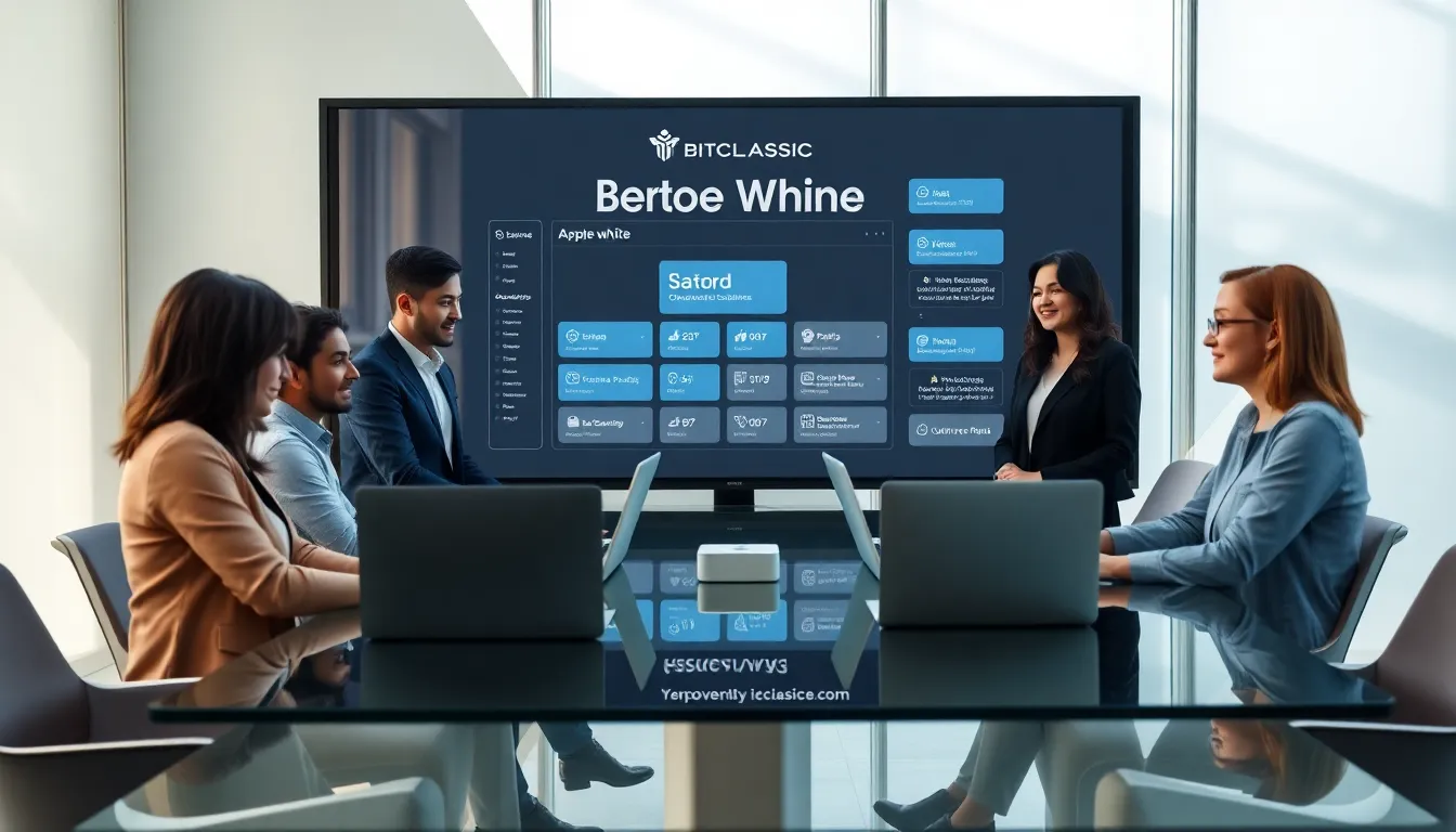 diverse team collaborating with Bitclassic Applewhite in a modern office.