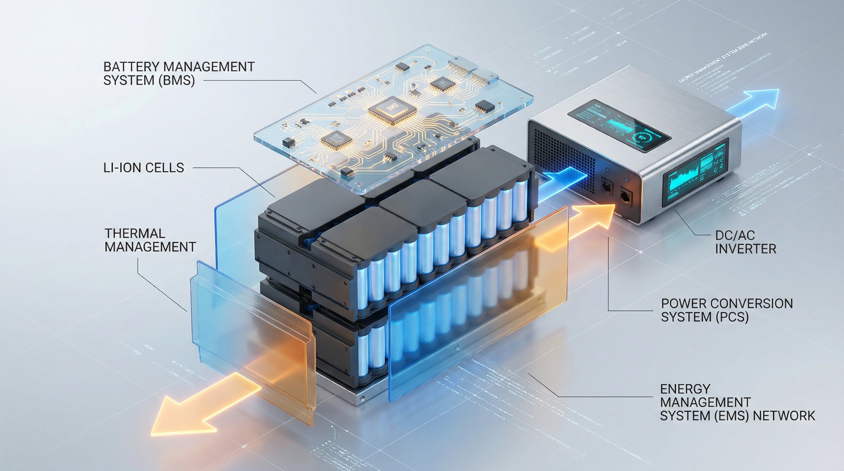 3D exploded view of BESS battery energy storage system showing modular components and energy flow.