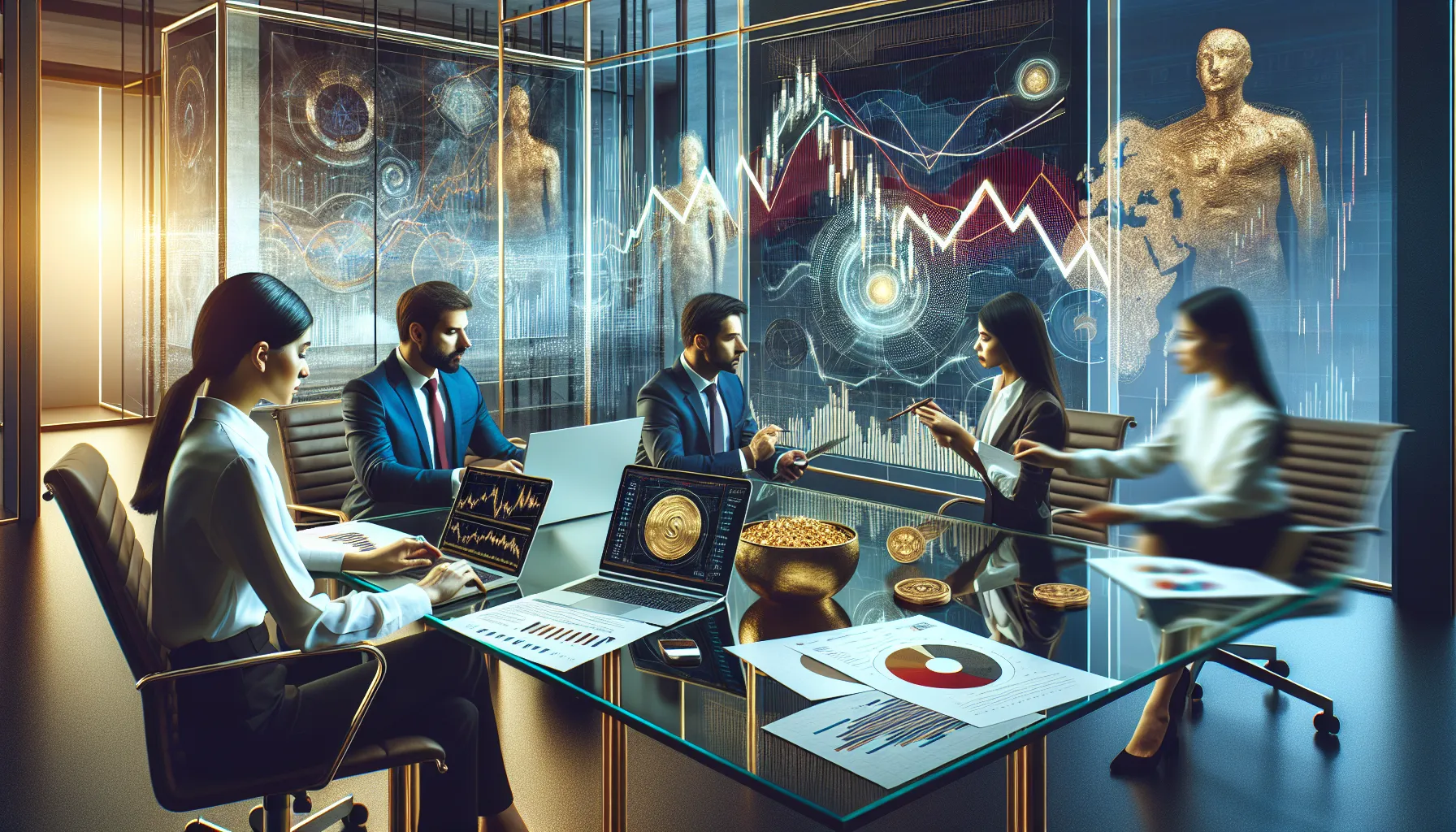 financial analysts discussing gold market trends in a modern office.
