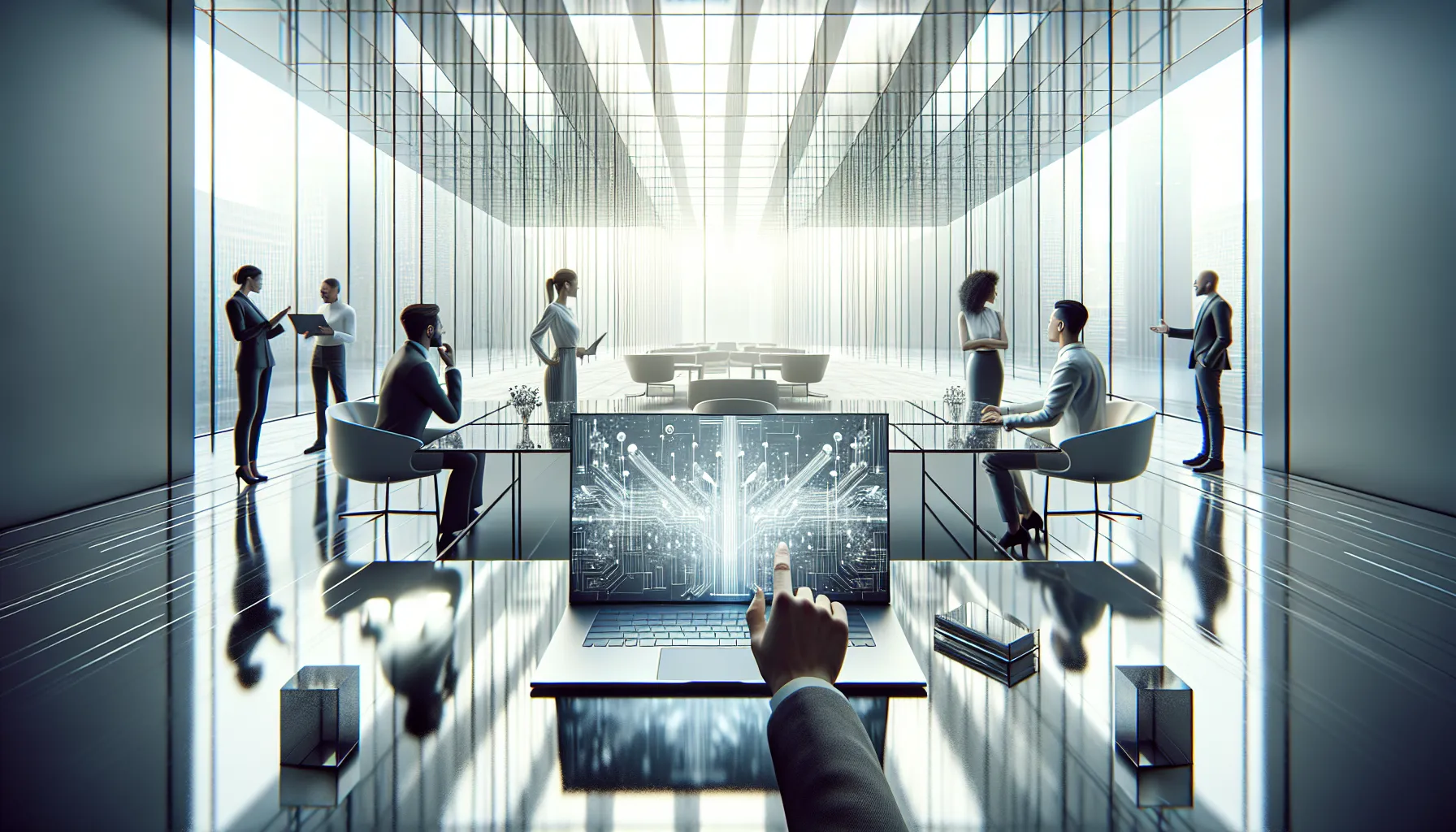 professionals discussing a number in a modern office setting.