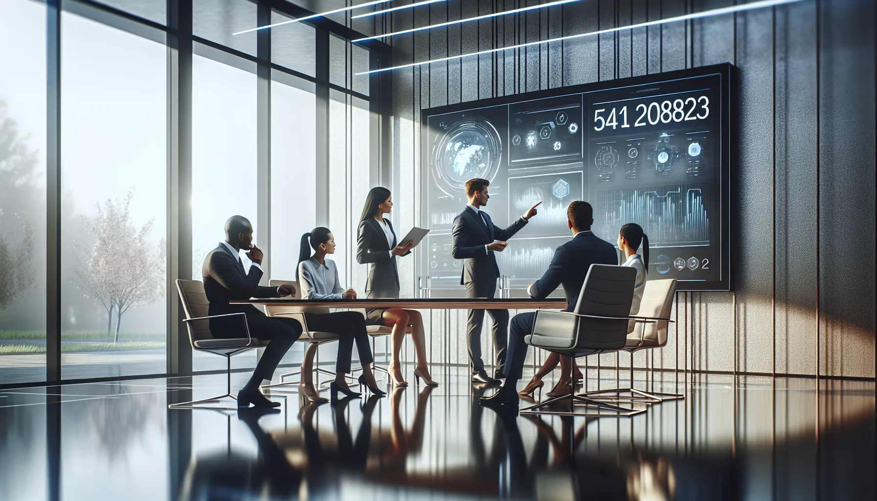 diverse team discussing data in a modern office setting.