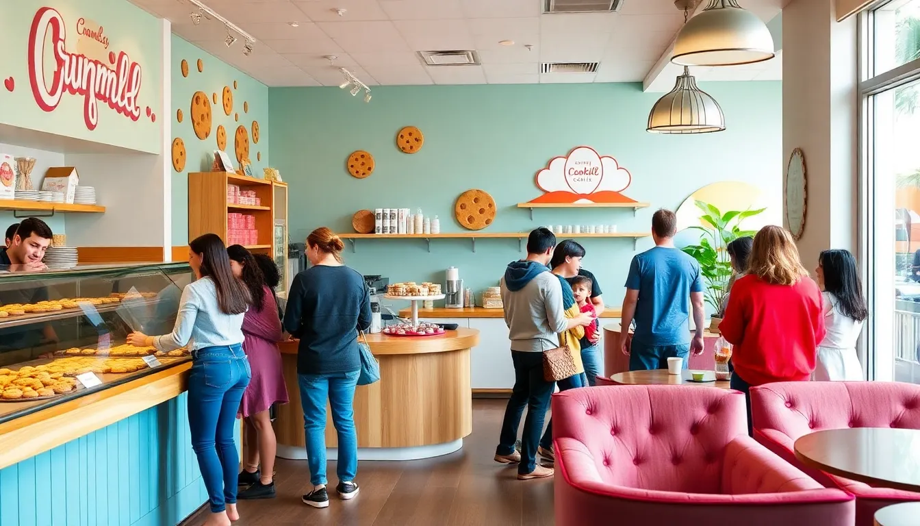 Customers enjoying cookies in a vibrant Crumbl Cookies store.