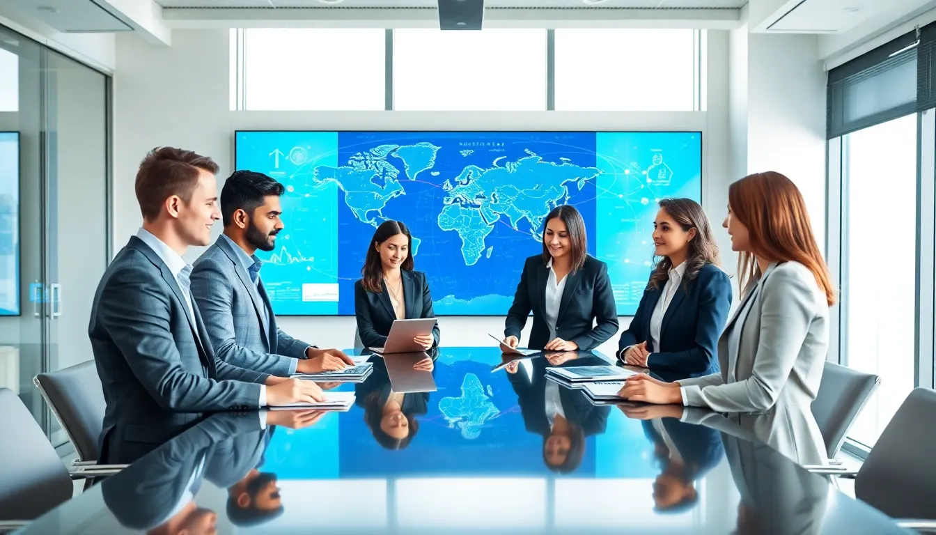 diverse team discussing global affairs in a modern office.