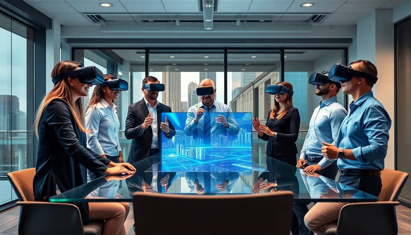 professionals using virtual reality in a modern office.