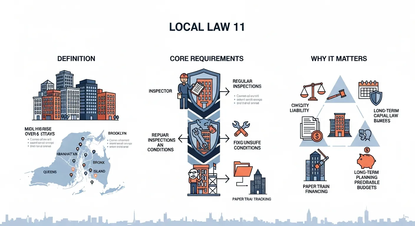 Infographic explaining NYC Local Law 11 facade inspections, repairs, and related risks.