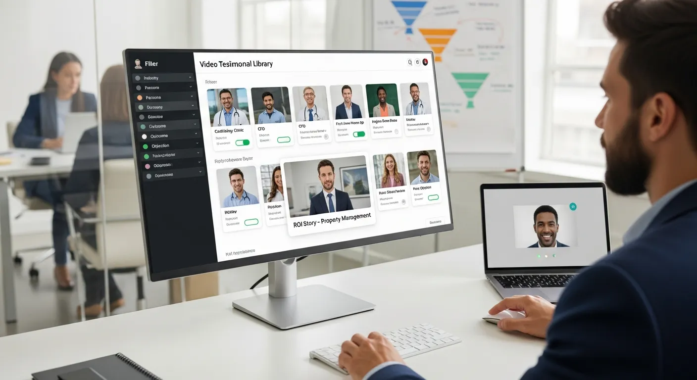 Salesperson using a structured video testimonial library interface on a large monitor.