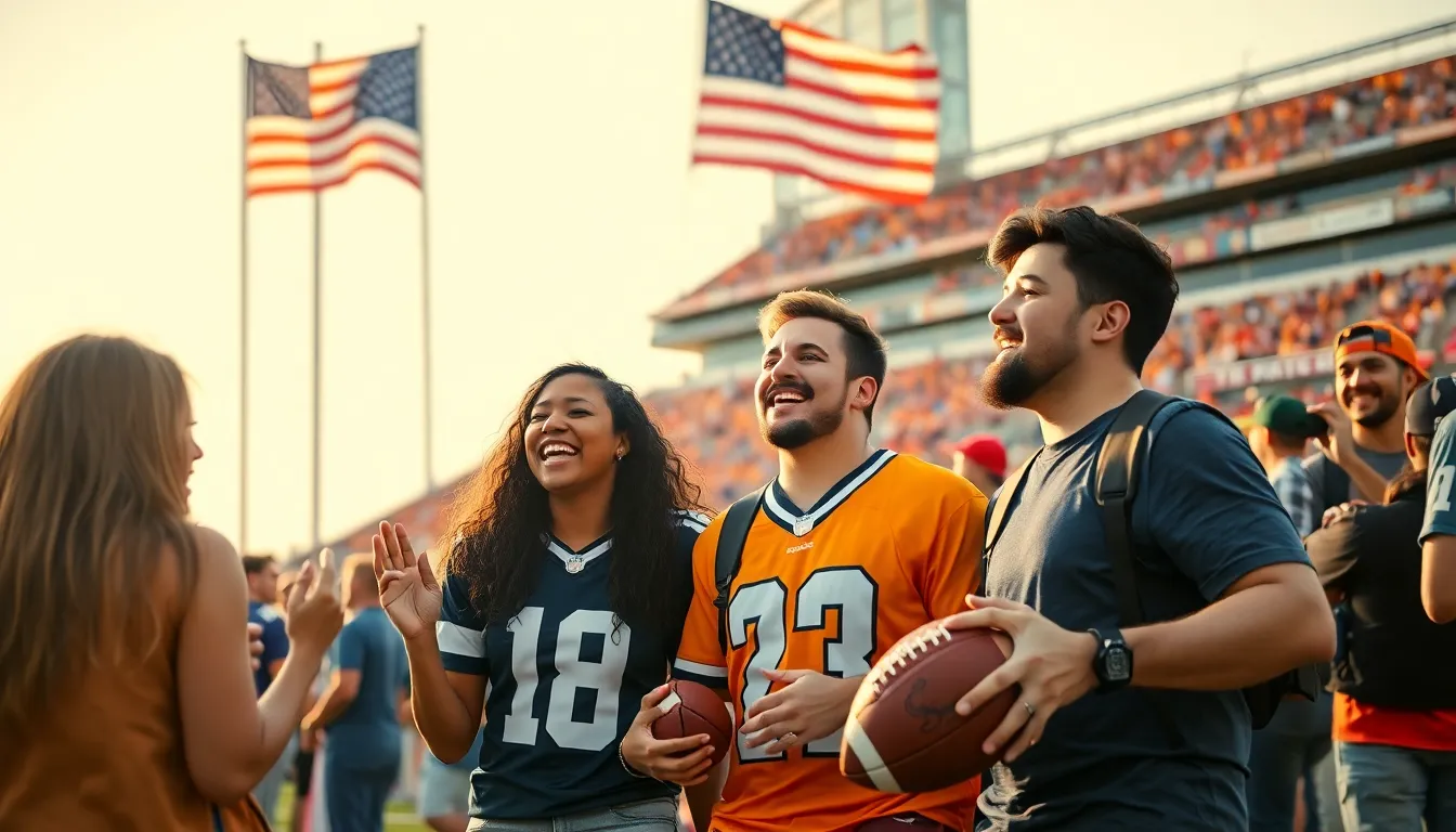 a lively football tailgate party with fans cheering outside a stadium.