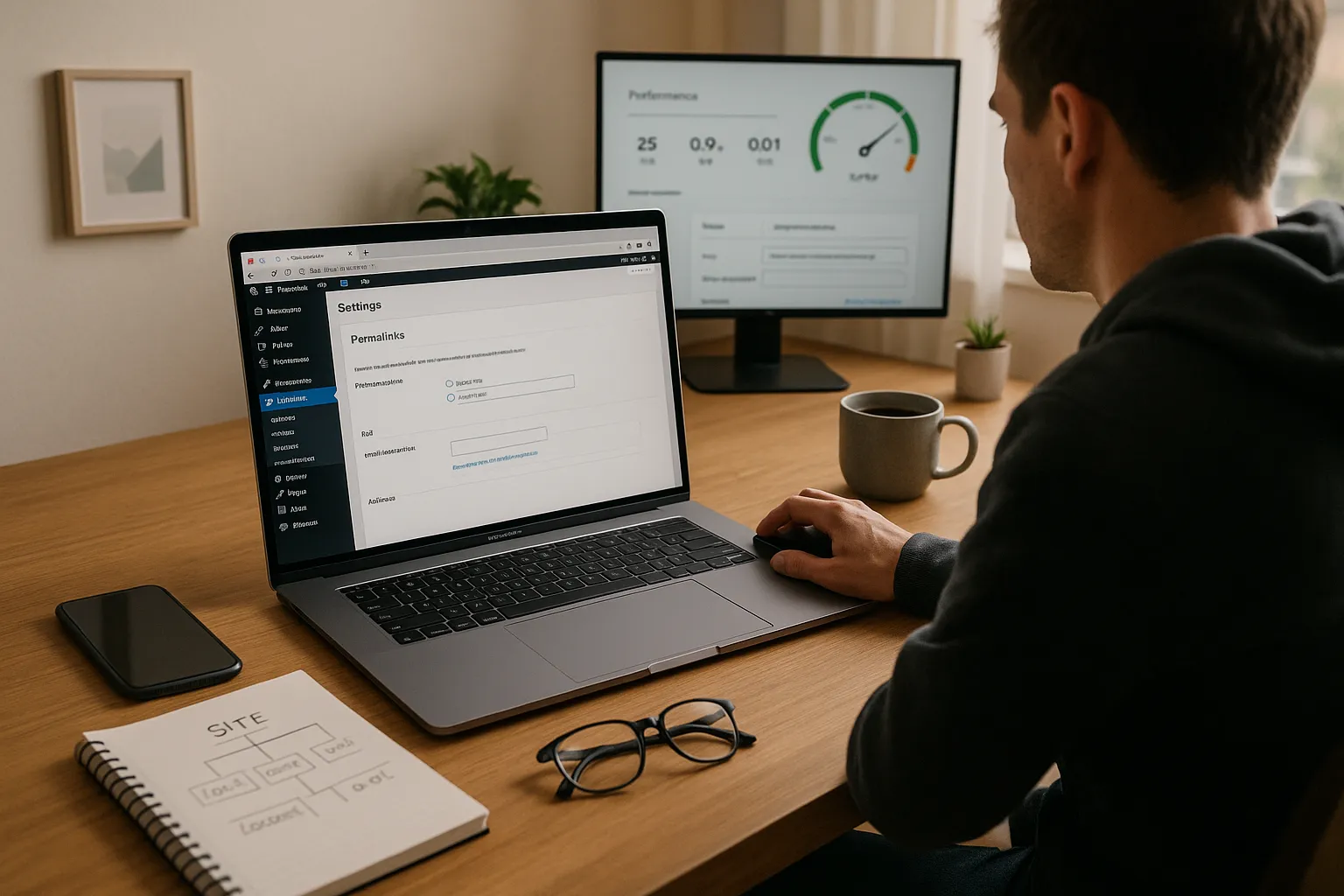 Person optimizing WordPress on-page SEO settings on a laptop in a modern workspace.