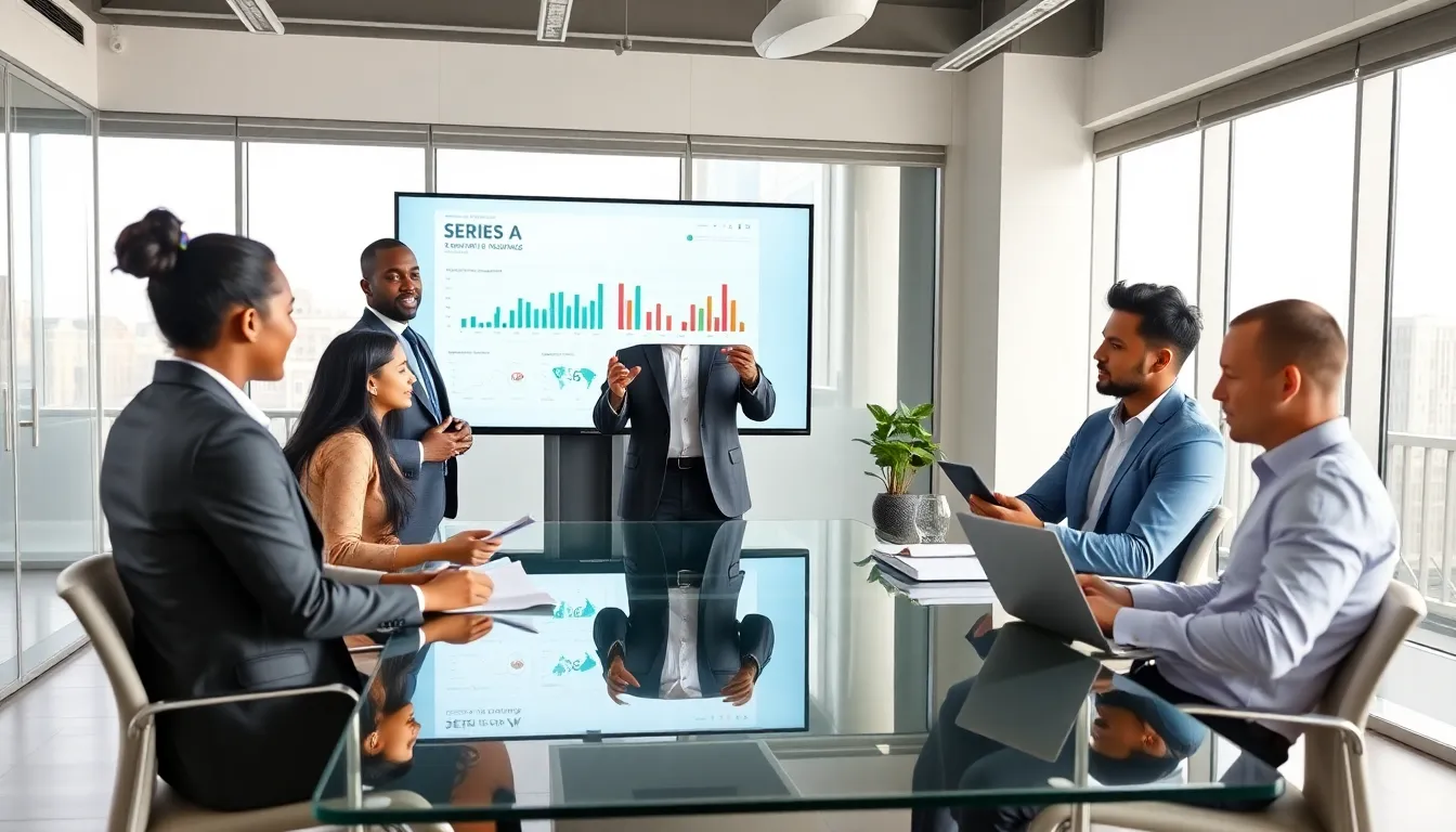 diverse team in a modern conference room discussing Series A funding.