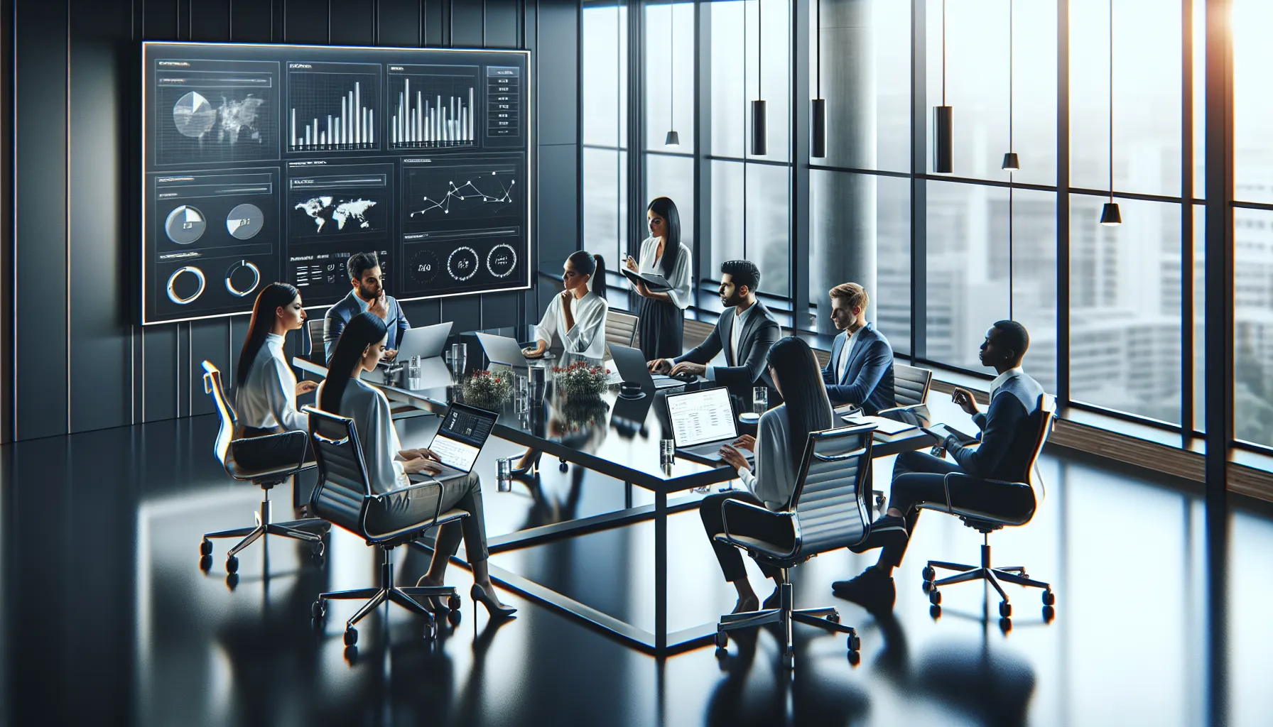 diverse team analyzing blog performance in a modern office.