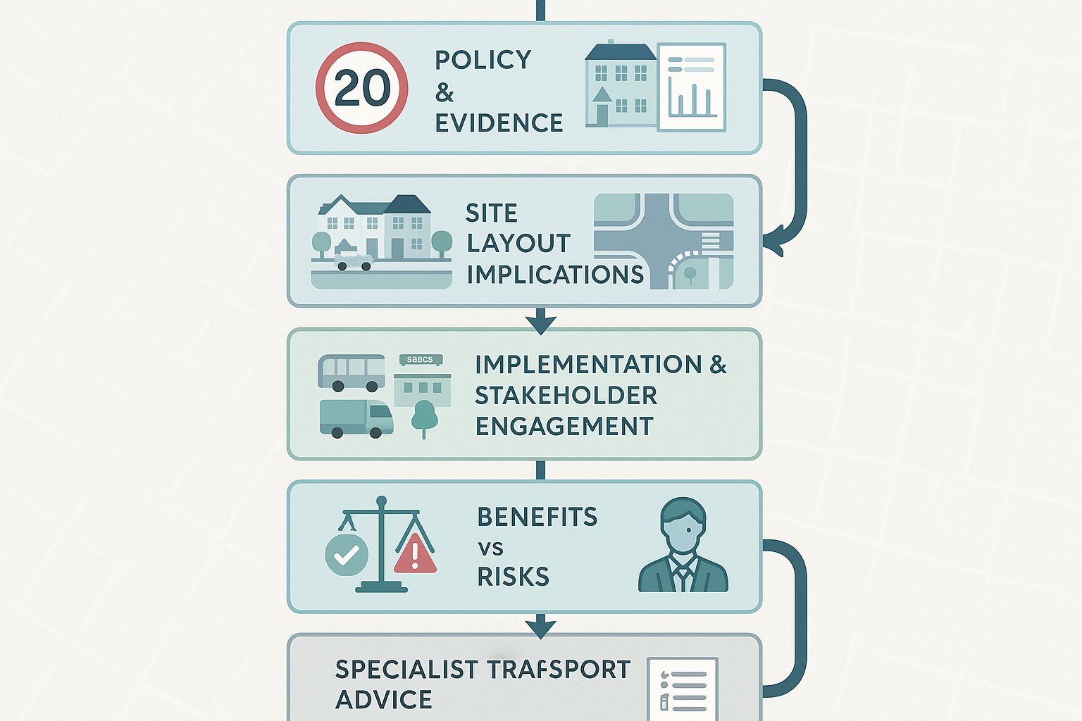Six-part infographic showing 20mph development planning and street design in the UK.