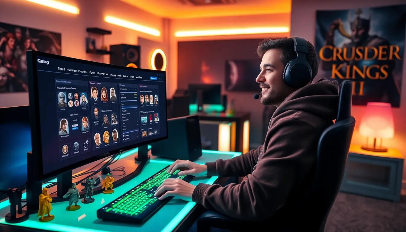 a gamer using Ck2generator interface on dual monitors in a gaming room.