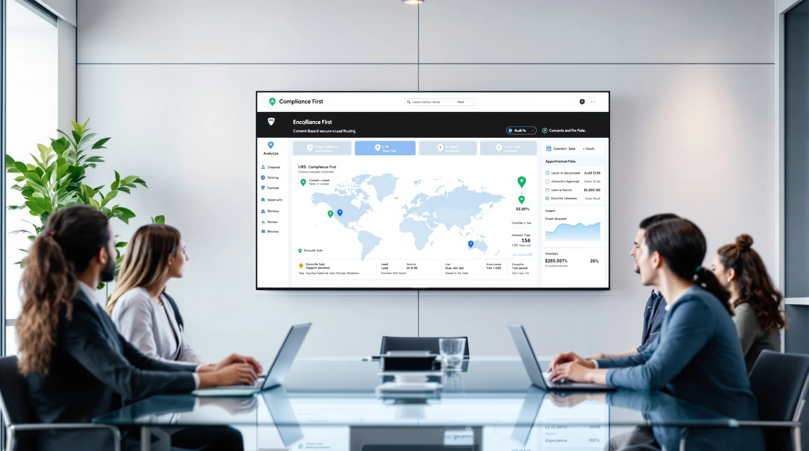 Diverse marketers review compliance-first CRM and ROI dashboards in a modern office.
