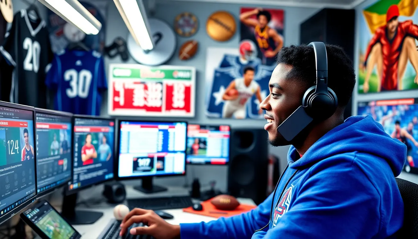 A sports fan surrounded by screens with live updates and memorabilia.