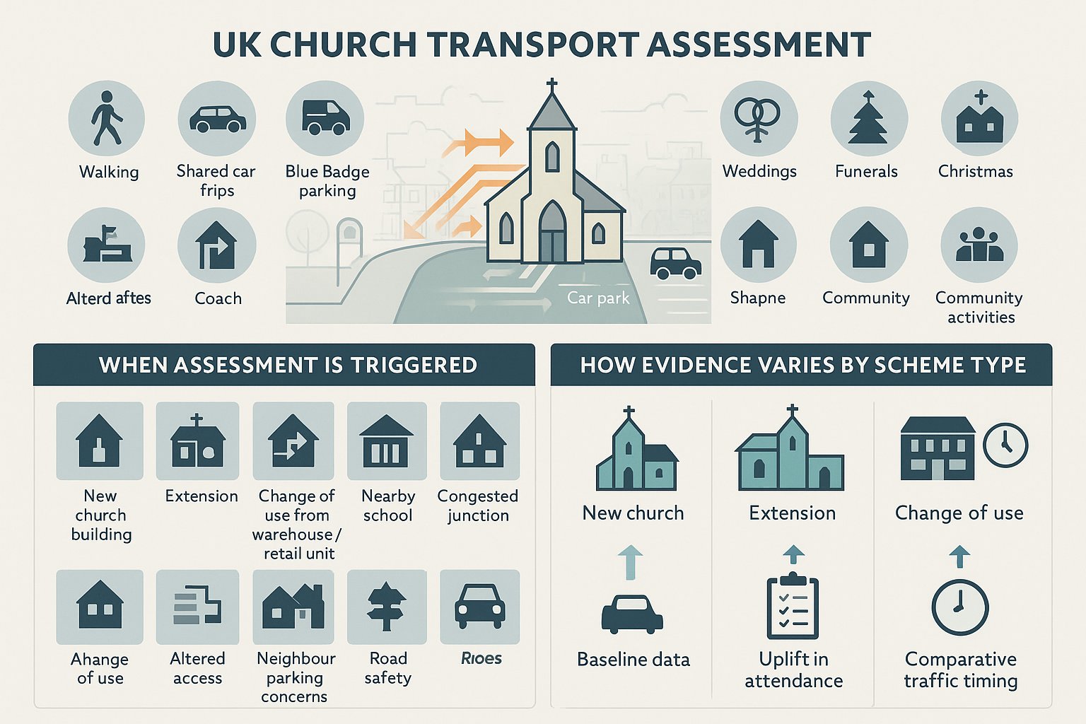 Infographic showing church transport peaks, planning triggers, and scheme comparison in the UK.